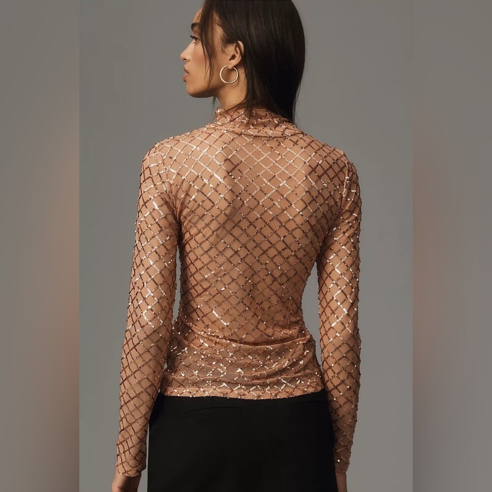 Pilcro Anthropologie Turtleneck Sequin Top Blouse Women's XS Light Sand Sheer - Picture 4 of 9